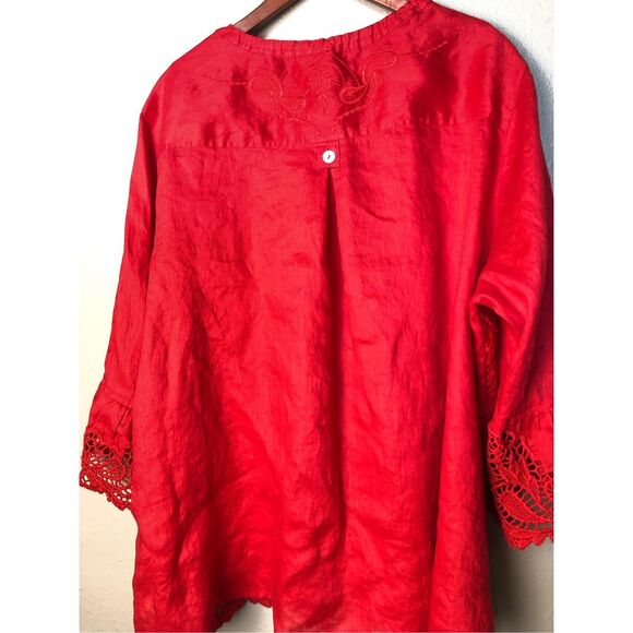 John Mark Scottsdale Classic Red LINEN/LACE Embroidered Blouse Tunic S Bell Slee - Picture 8 of 16